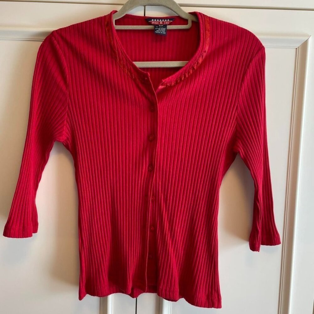 Vintage Mac & Jac Red 3/4 Sleeve Button-Up Cardigan - M - Picture 3 of 11